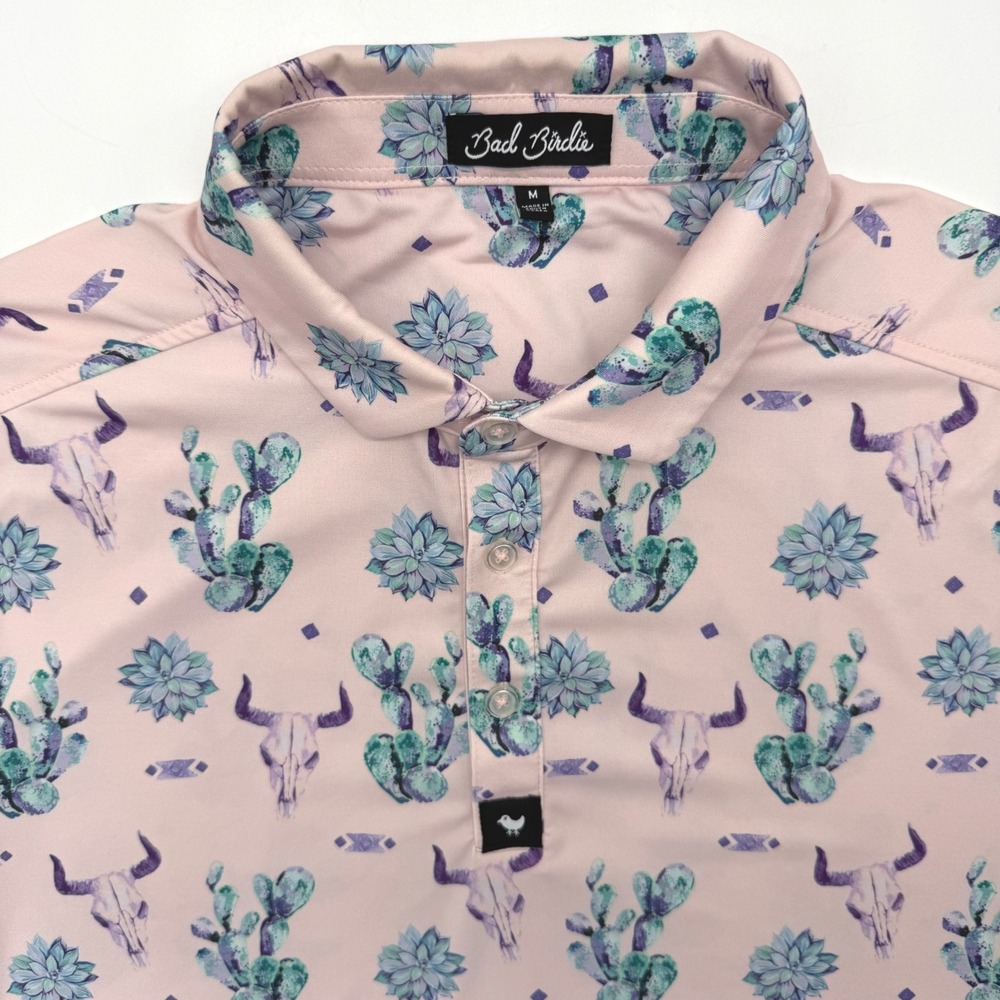 Bad Birdie Polo Men M Pink Desert Cactus Steer Skull Performance Golf Shirt